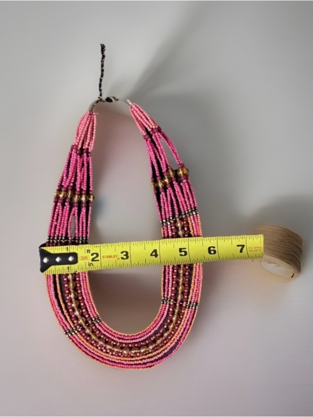 Boho Ethnic Multi Layer Seed Bead Necklace Pink Orange Gold Tone Statement Bib. - Picture 4 of 7